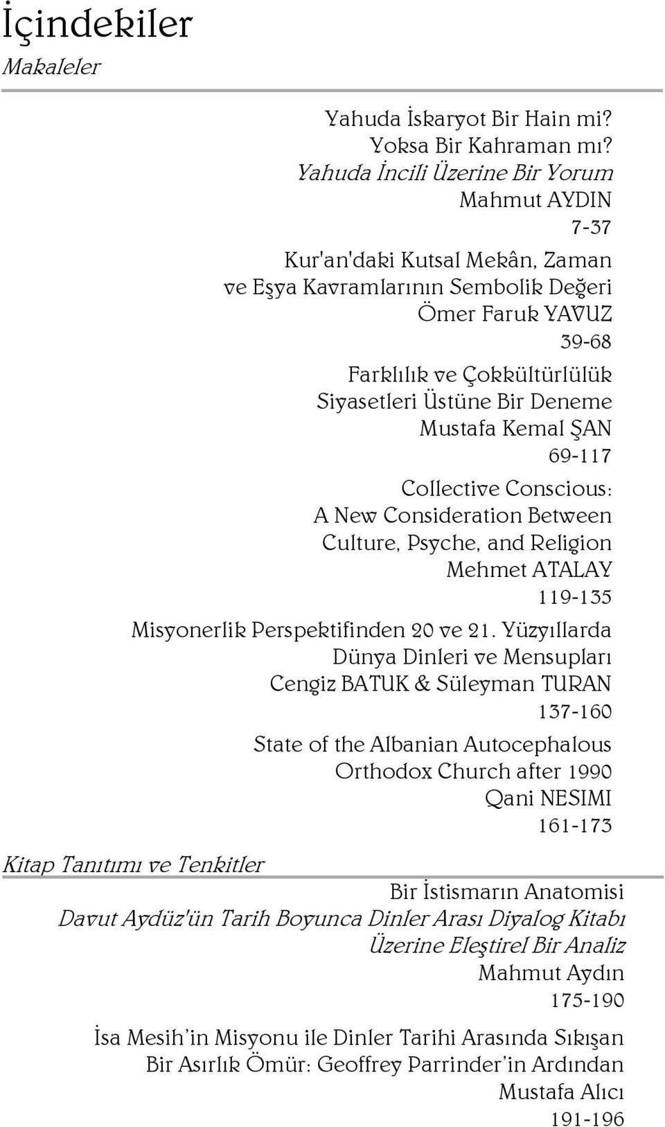 Deneme Mustafa Kemal ŞAN 69-117 Collective Conscious: A New Consideration Between Culture, Psyche, and Religion Mehmet ATALAY 119-135 Misyonerlik Perspektifinden 20 ve 21.