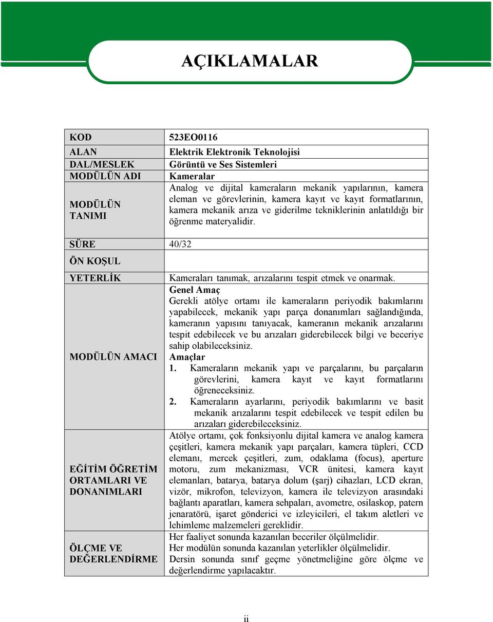 SÜRE 40/32 ÖN KOŞUL YETERLİK MODÜLÜN AMACI EĞİTİM ÖĞRETİM ORTAMLARI VE DONANIMLARI ÖLÇME VE DEĞERLENDİRME Kameraları tanımak, arızalarını tespit etmek ve onarmak.