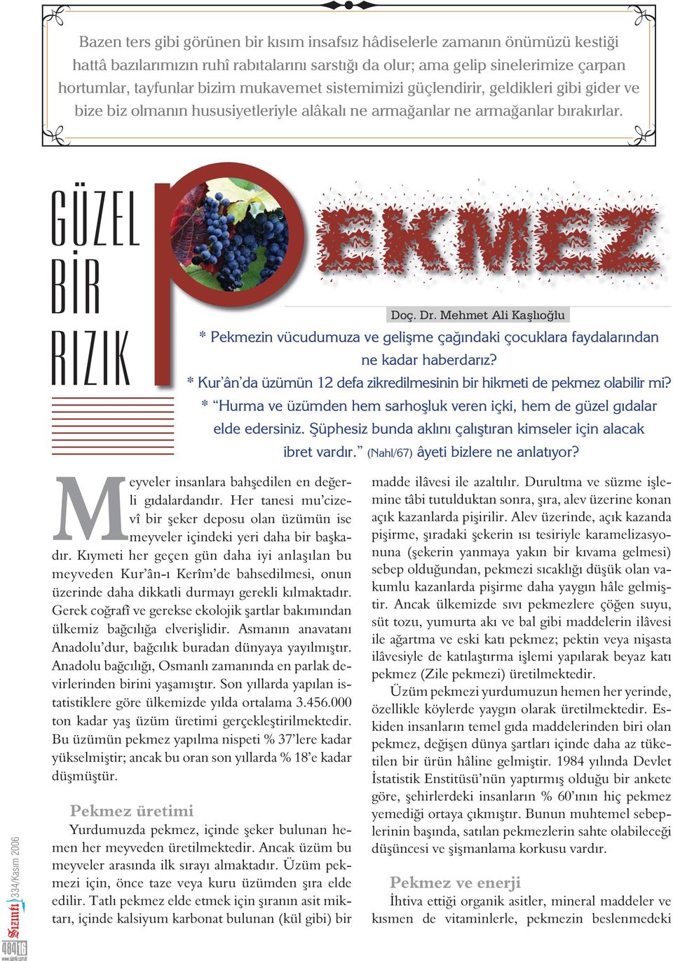 Mehmet Ali Ka lıo lu * Pekmezin vücudumuza ve geli me ça ındaki çocuklara faydalarından ne kadar haberdarız? * Kur ân da üzümün 12 defa zikredilmesinin bir hikmeti de pekmez olabilir mi?