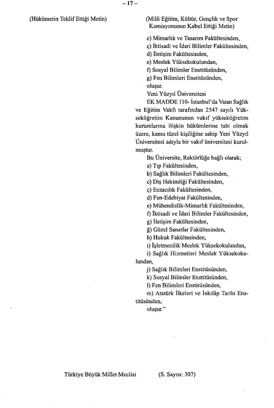 Yeni Yüzyıl Üniversitesi EK MADDE 110- İstanbul'da Vatan Sağlık ve Eğitim Vakfı tarafından 2547 sayılı Yükseköğretim Kanununun vakıf yükseköğretim kurumlarına ilişkin hükümlerine tabi olmak üzere,