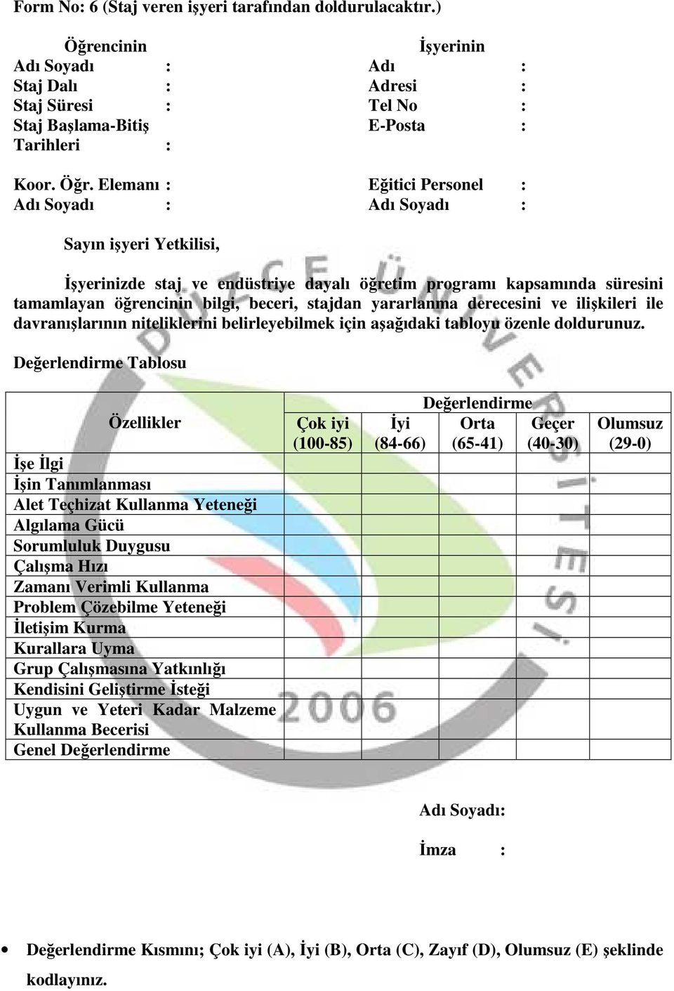 Elemanı : Eğitici Personel : Adı Soyadı : Adı Soyadı : Sayın işyeri Yetkilisi, Đşyerinizde staj ve endüstriye dayalı öğretim programı kapsamında süresini tamamlayan öğrencinin bilgi, beceri, stajdan