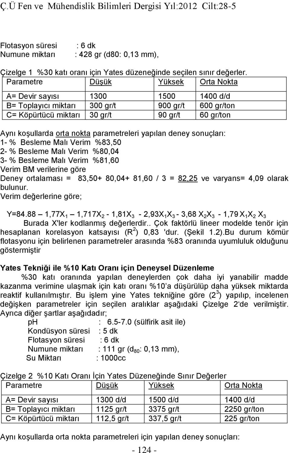 parametreleri yapılan deney sonuçları: - % Besleme Malı Verim %83,50 - % Besleme Malı Verim %80,04 3- % Besleme Malı Verim %8,60 Verim BM verilerine göre Deney ortalaması = 83,50+ 80,04+ 8,60 / 3 =