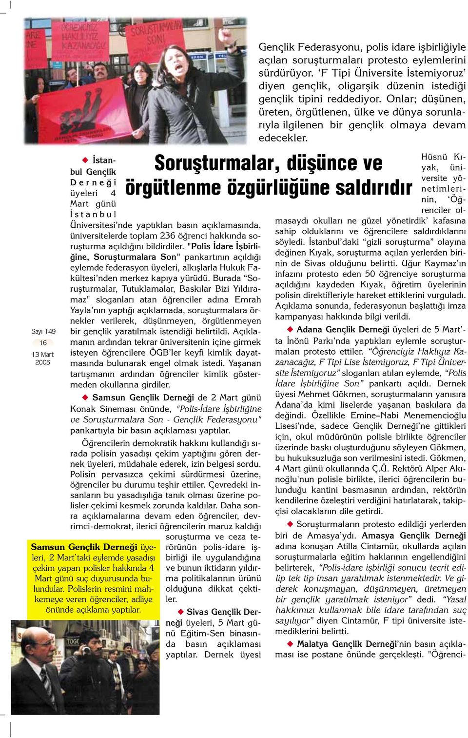 Burada Soruflturmalar, Tutuklamalar, Bask lar Bizi Y ld ramaz" sloganlar atan ö renciler ad na Emrah Yayla n n yapt aç klamada, soruflturmalara örnekler verilerek, düflünmeyen, örgütlenmeyen bir