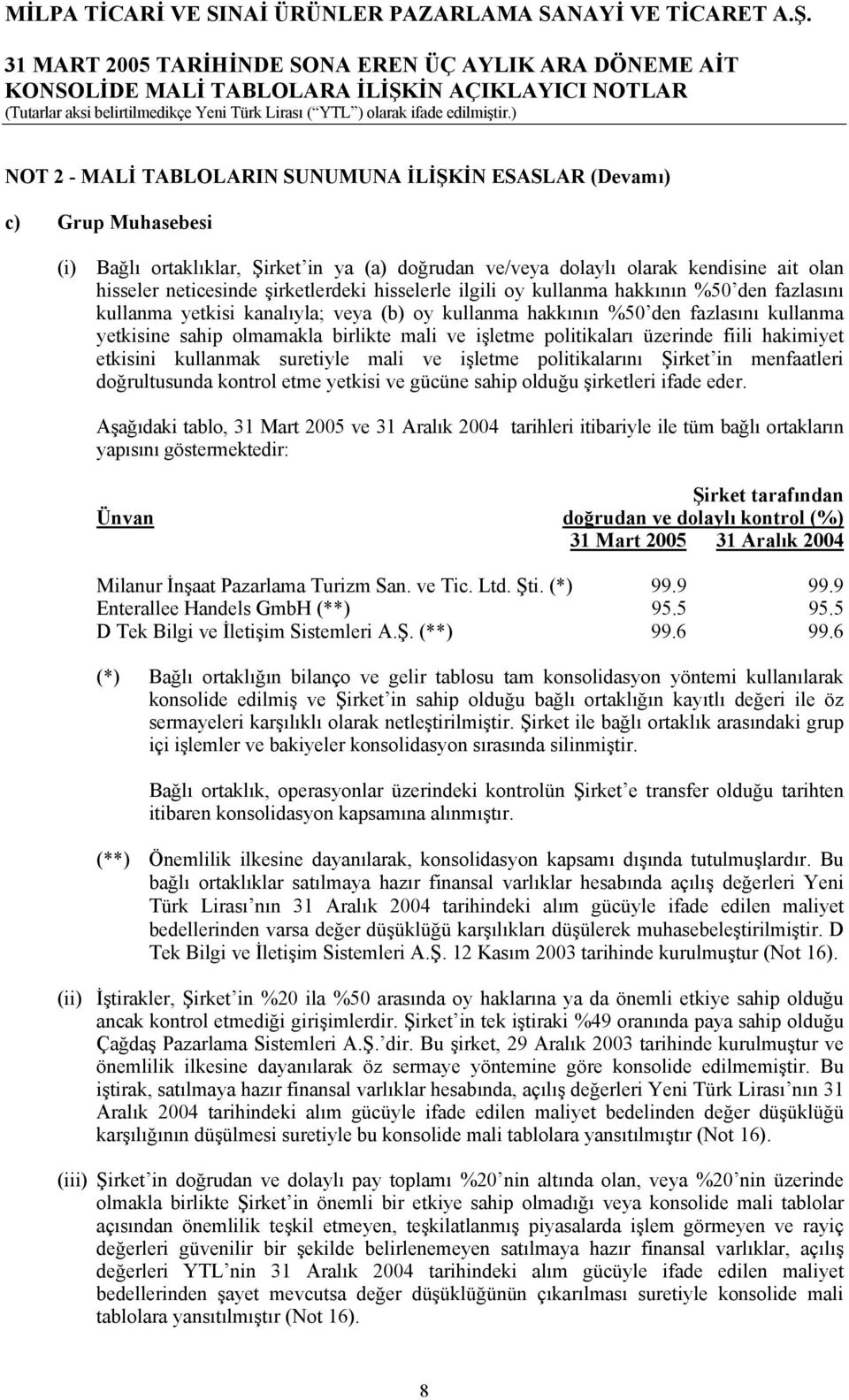 işletme politikaları üzerinde fiili hakimiyet etkisini kullanmak suretiyle mali ve işletme politikalarını Şirket in menfaatleri doğrultusunda kontrol etme yetkisi ve gücüne sahip olduğu şirketleri