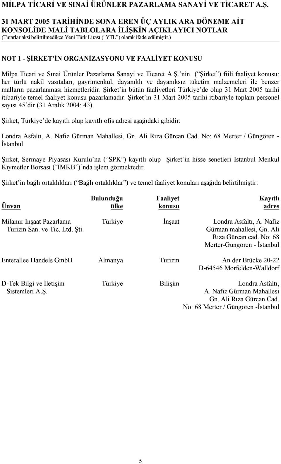 Şirket in 31 Mart 2005 tarihi itibariyle toplam personel sayısı 45 dir (31 Aralık 2004: 43). Şirket, Türkiye de kayıtlı olup kayıtlı ofis adresi aşağıdaki gibidir: Londra Asfaltı, A.