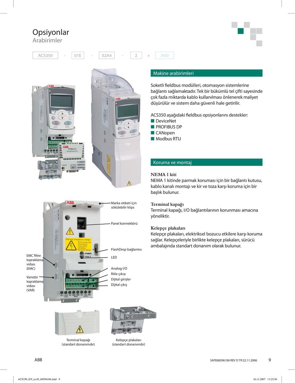 ACS350 aşağıdaki fieldbus opsiyonlarını destekler: DeviceNet PROFIBUS DP CANopen Modbus RTU Koruma ve montaj NEMA 1 kiti NEMA 1 kitinde parmak koruması için bir bağlantı kutusu, kablo kanalı montajı