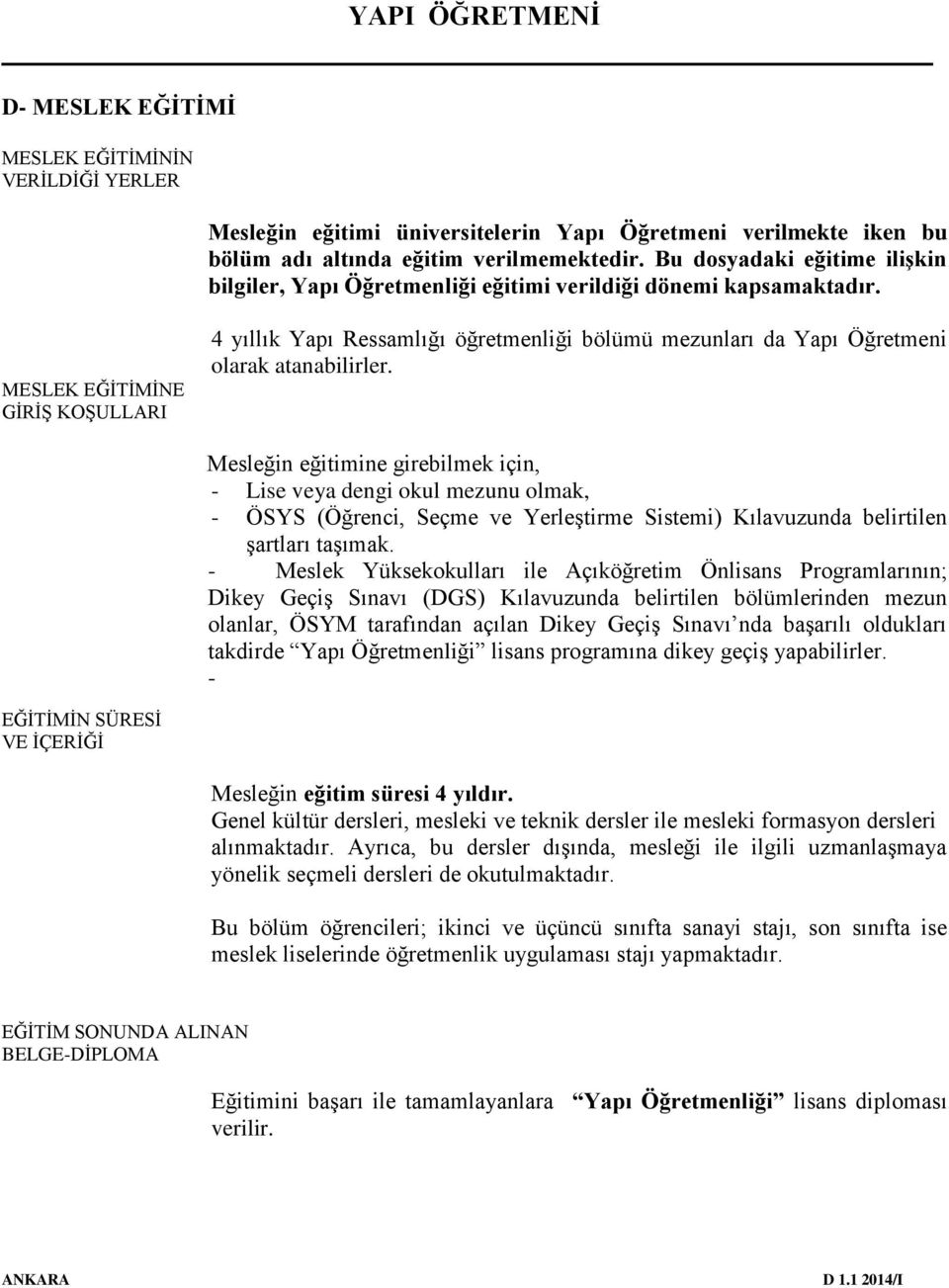 MESLEK EĞİTİMİNE GİRİŞ KOŞULLARI 4 yıllık Yapı Ressamlığı öğretmenliği bölümü mezunları da Yapı Öğretmeni olarak atanabilirler.