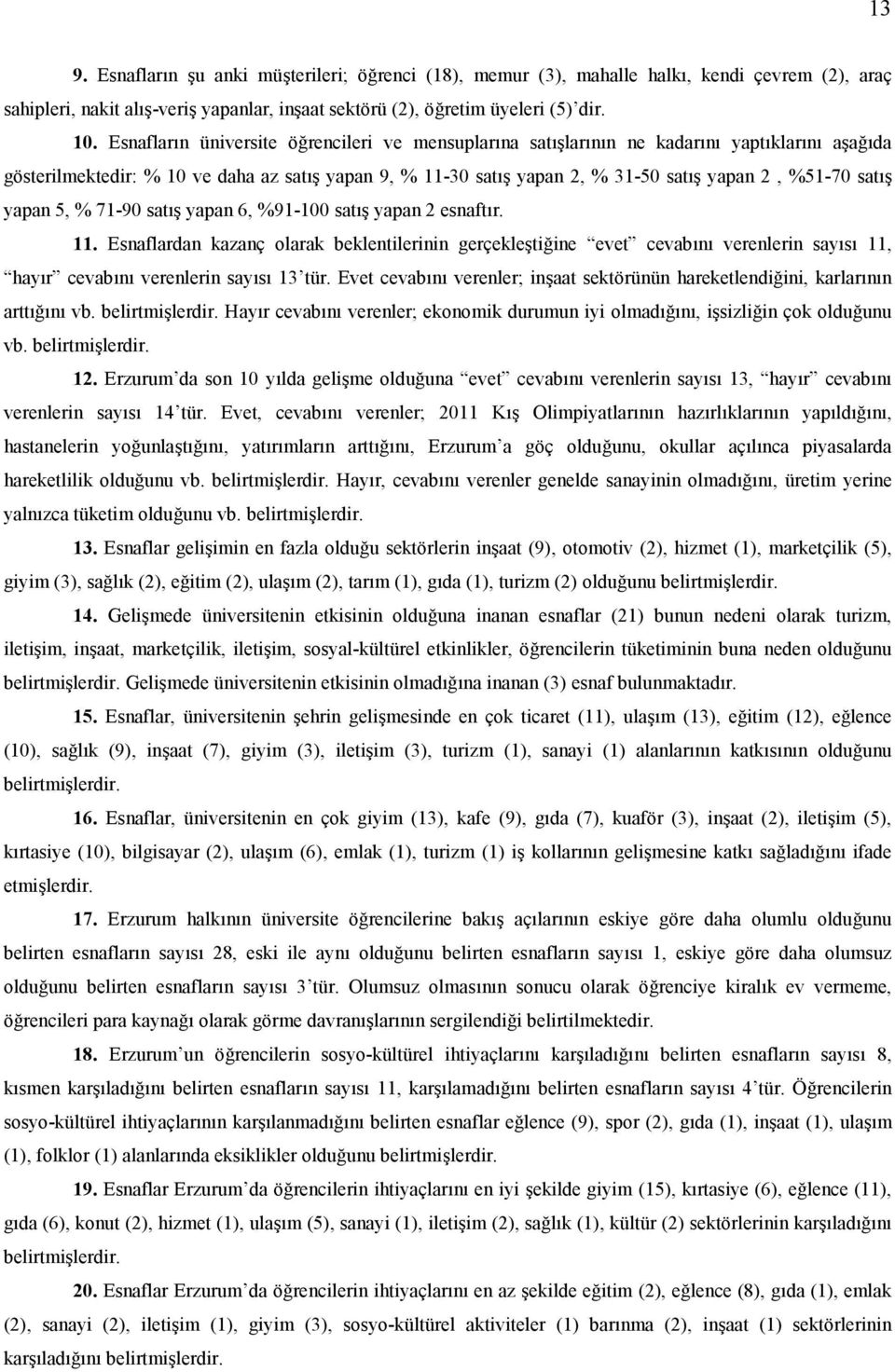 sat yapan 6, %91-100 sat yapan 2 esnaftr. 11. Esnaflardan kazanç olarak beklentilerinin gerçekleti&ine evet cevabn verenlerin says 11, hayr cevabn verenlerin says 13 tür.