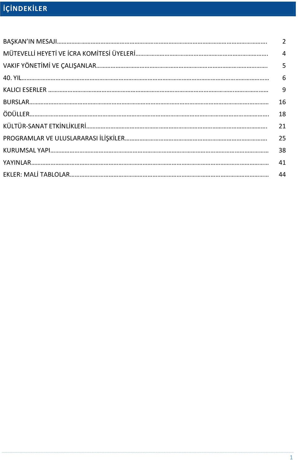 4 VAKIF YÖNETİMİ VE ÇALIŞANLAR. 5 40. YIL 6 KALICI ESERLER. 9 BURSLAR.