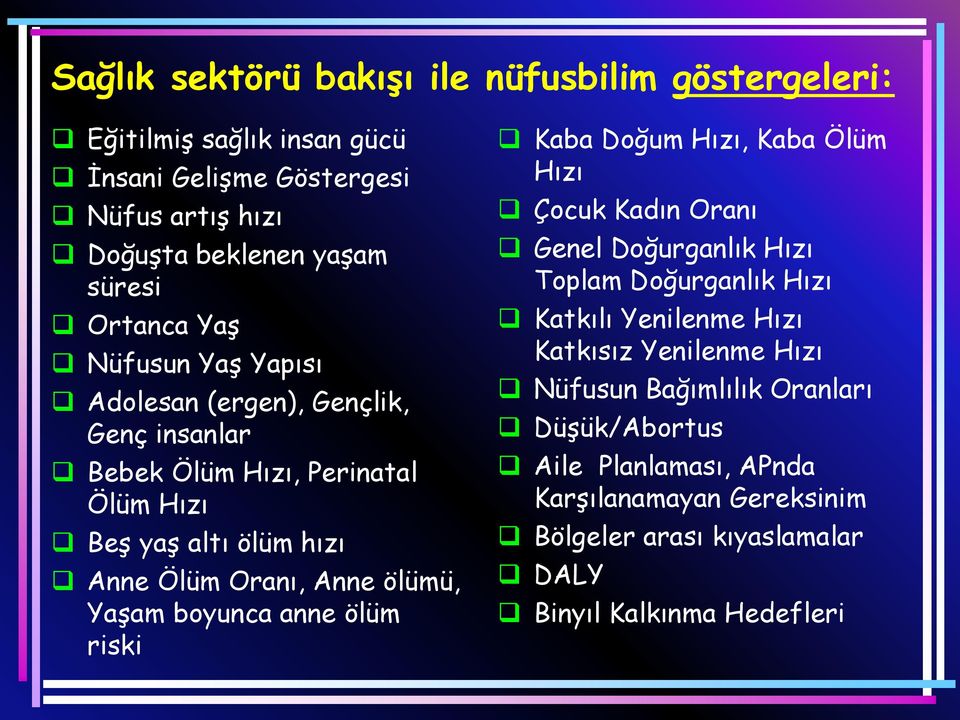 ölümü, Yaşam boyunca anne ölüm riski Kaba Doğum Hızı, Kaba Ölüm Hızı Çocuk Kadın Oranı Genel Doğurganlık Hızı Toplam Doğurganlık Hızı Katkılı Yenilenme Hızı