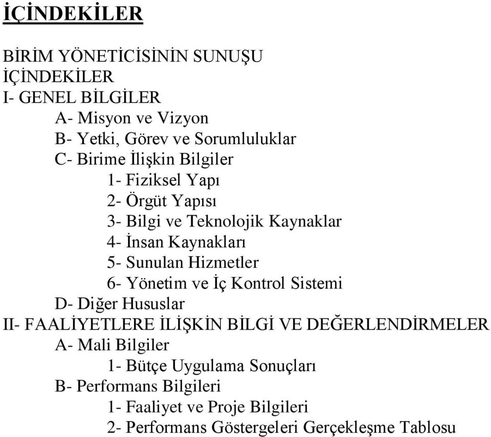 Hizmetler 6- Yönetim ve Ġç Kontrol Sistemi D- Diğer Hususlar II- FAALĠYETLERE ĠLĠġKĠN BĠLGĠ VE DEĞERLENDĠRMELER A- Mali