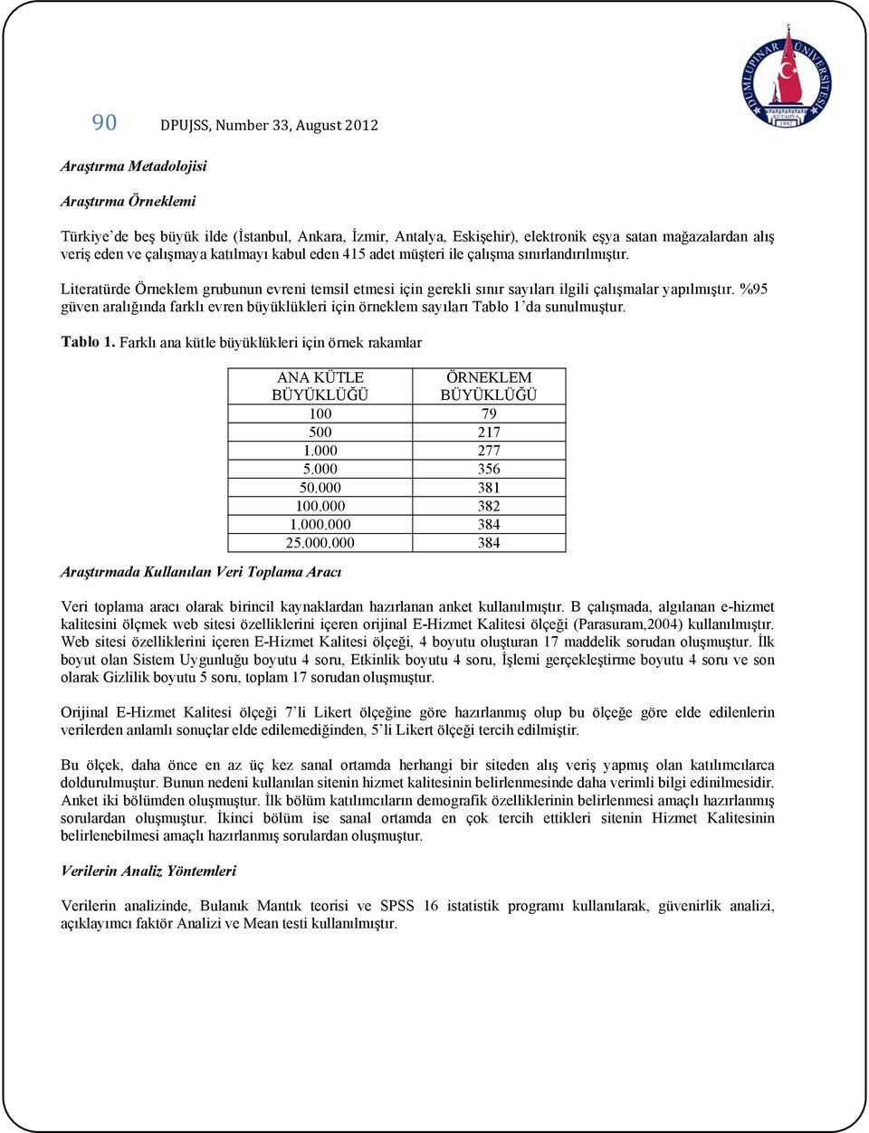 %95 güven aralığında farklı evren büyüklükleri için örneklem sayıları Tablo 1 