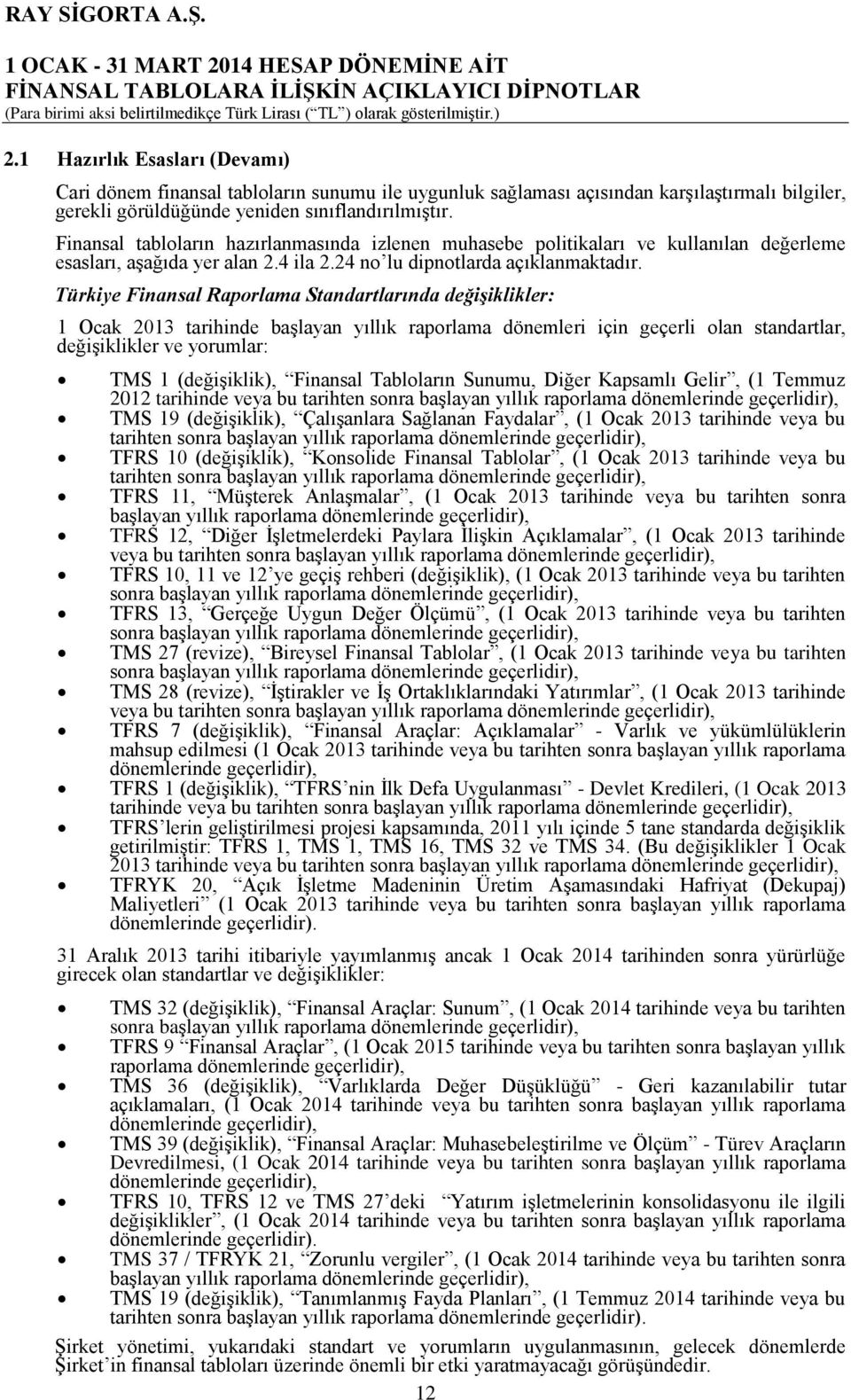 Türkiye Finansal Raporlama Standartlarında değişiklikler: 1 Ocak 2013 tarihinde başlayan yıllık raporlama dönemleri için geçerli olan standartlar, değişiklikler ve yorumlar: TMS 1 (değişiklik),