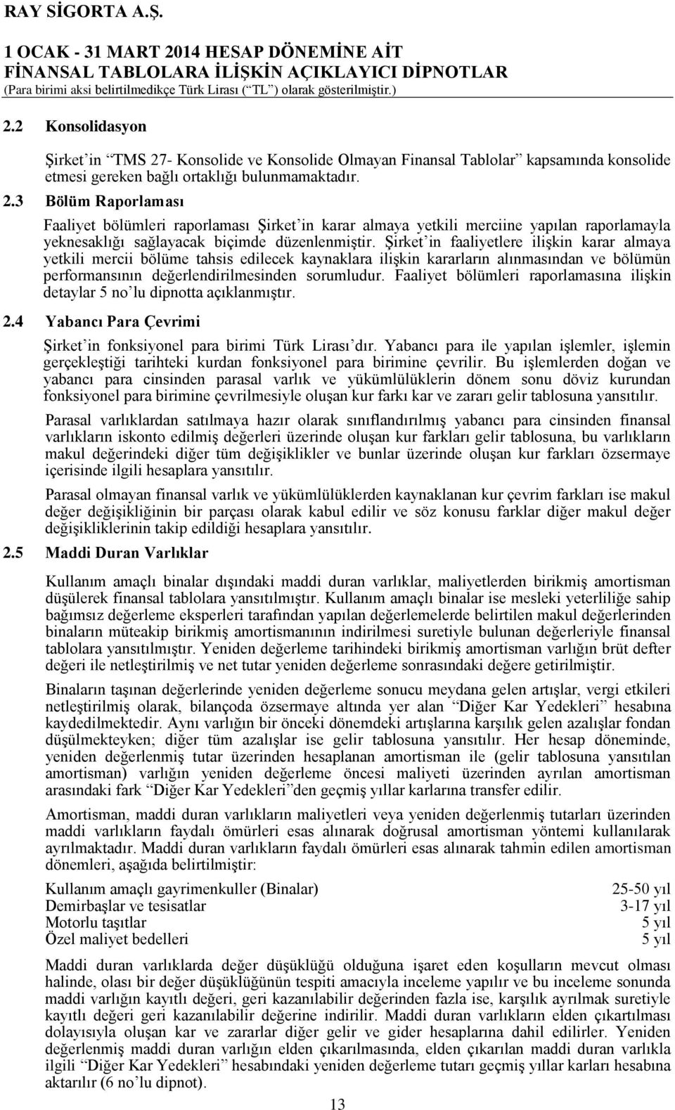 Faaliyet bölümleri raporlamasına ilişkin detaylar 5 no lu dipnotta açıklanmıştır. 2.4 Yabancı Para Çevrimi Şirket in fonksiyonel para birimi Türk Lirası dır.