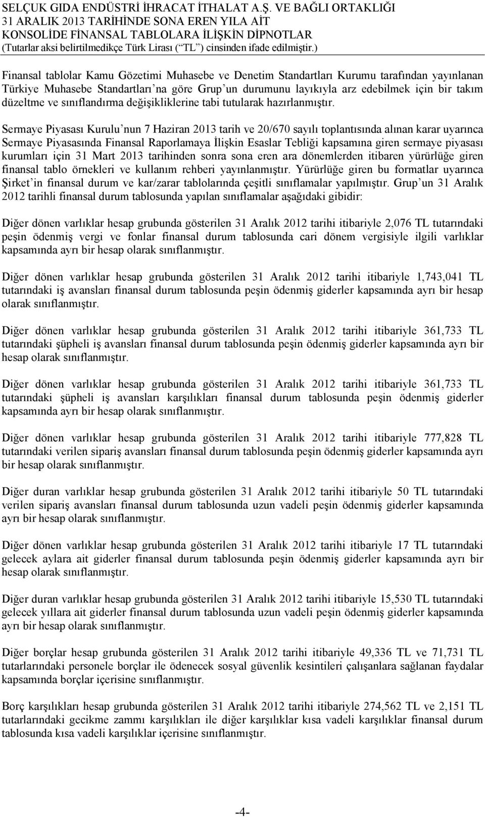 Sermaye Piyasası Kurulu nun 7 Haziran 2013 tarih ve 20/670 sayılı toplantısında alınan karar uyarınca Sermaye Piyasasında Finansal Raporlamaya İlişkin Esaslar Tebliği kapsamına giren sermaye piyasası