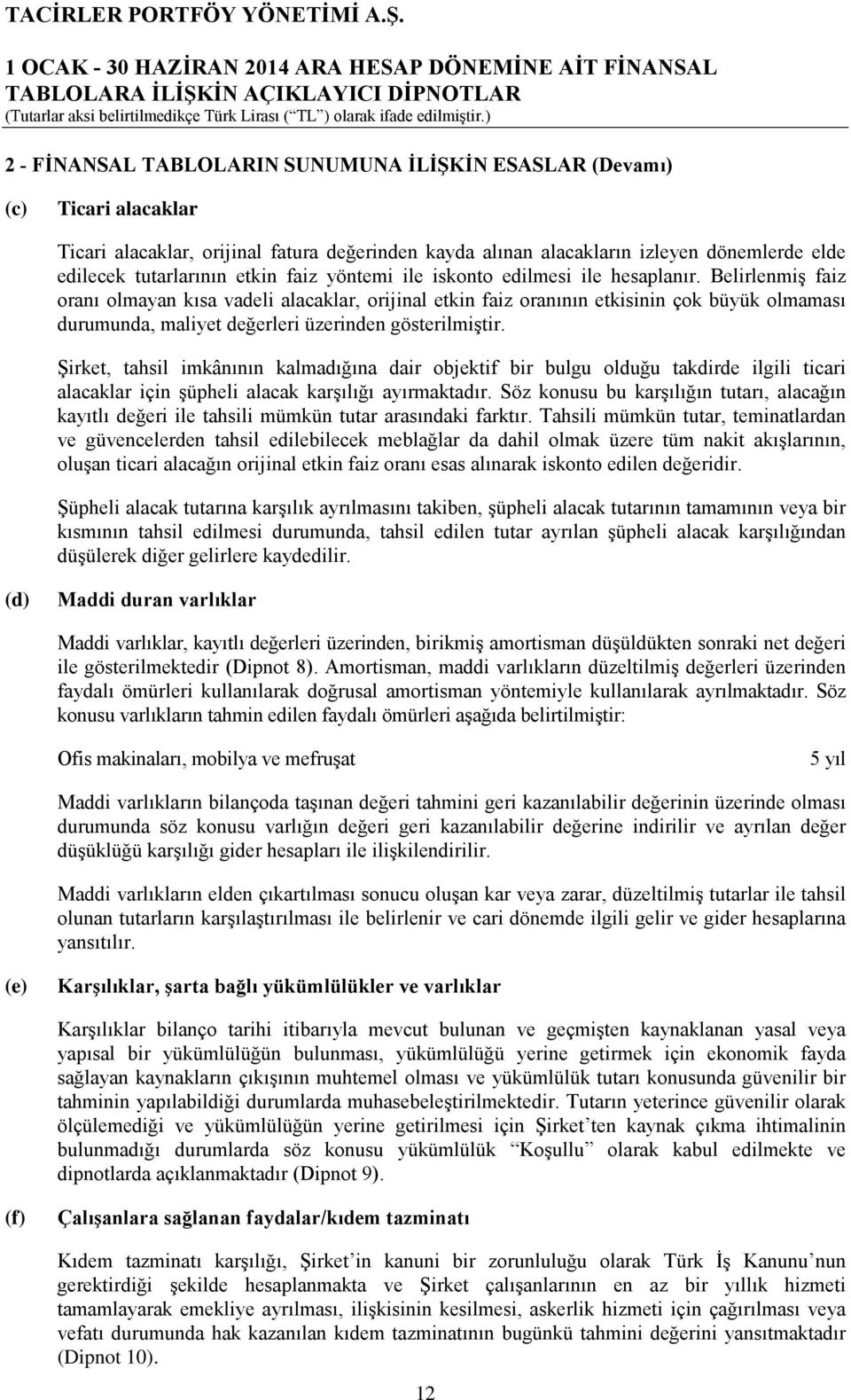 Belirlenmiş faiz oranı olmayan kısa vadeli alacaklar, orijinal etkin faiz oranının etkisinin çok büyük olmaması durumunda, maliyet değerleri üzerinden gösterilmiştir.