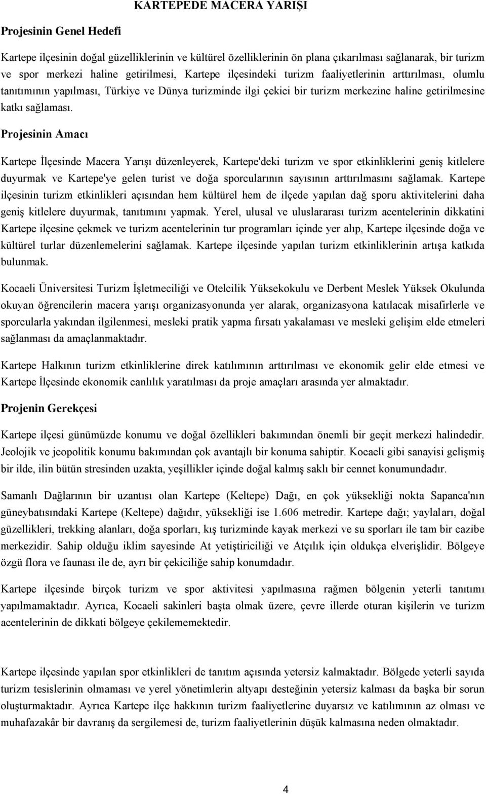 Projesinin Amacı Kartepe İlçesinde Macera Yarışı düzenleyerek, Kartepe'deki turizm ve spor etkinliklerini geniş kitlelere duyurmak ve Kartepe'ye gelen turist ve doğa sporcularının sayısının