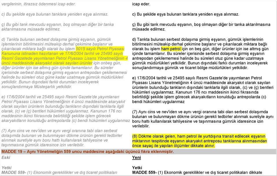 d) Tankta bulunan serbest dolaşıma girmiş eşyanın, gümrük işlemlerinin bitirilmesini müteakip derhal çekimine başlanır ve çıkarılacak miktara bağlı olarak bu işlem 5015 sayılı Petrol Piyasası