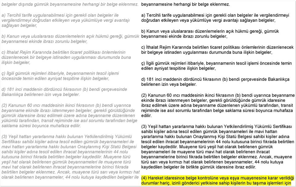 a) Tercihli tarife uygulanabilmesi için gerekli olan belgeler ile vergilendirmeyi doğrudan etkileyen veya yükümlüye vergi avantajı sağlayan belgeler, b) Kanun veya uluslararası düzenlemelerin açık