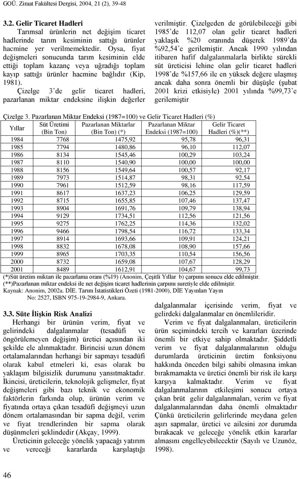 Çizelge 3 de gelir ticaret hadleri, pazarlanan miktar endeksine ilişkin değerler verilmiştir.