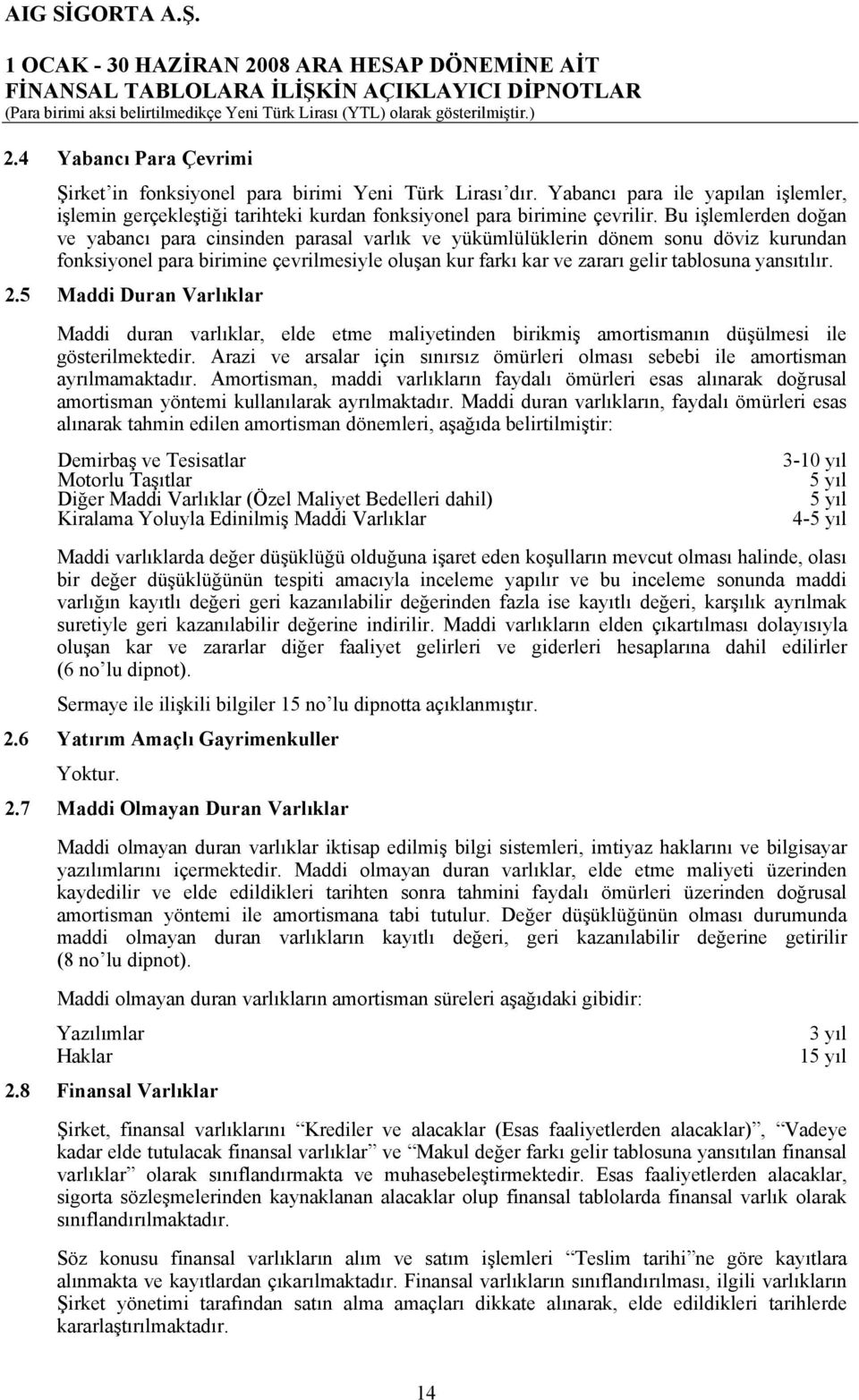 yansıtılır. 2.5 Maddi Duran Varlıklar Maddi duran varlıklar, elde etme maliyetinden birikmiş amortismanın düşülmesi ile gösterilmektedir.