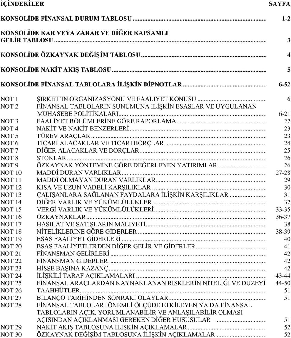 .. 6-21 NOT 3 FAALİYET BÖLÜMLERİNE GÖRE RAPORLAMA... 22 NOT 4 NAKİT VE NAKİT BENZERLERİ... 23 NOT 5 TÜREV ARAÇLAR... 23 NOT 6 TİCARİ ALACAKLAR VE TİCARİ BORÇLAR... 24 NOT 7 DİĞER ALACAKLAR VE BORÇLAR.