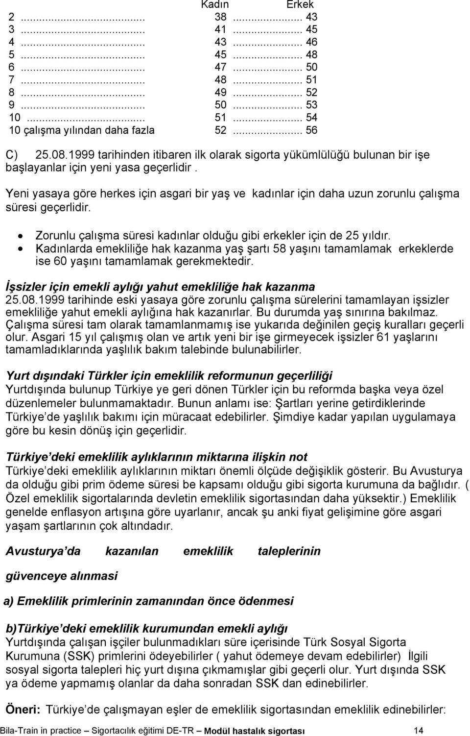 Yeni yasaya göre herkes için asgari bir yaş ve kadınlar için daha uzun zorunlu çalışma süresi geçerlidir. Zorunlu çalışma süresi kadınlar olduğu gibi erkekler için de 25 yıldır.