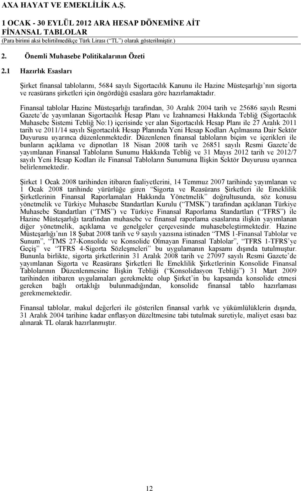 Finansal tablolar Hazine Müsteşarlığı tarafından, 30 Aralık 2004 tarih ve 25686 sayılı Resmi Gazete de yayımlanan Sigortacılık Hesap Planı ve İzahnamesi Hakkında Tebliğ (Sigortacılık Muhasebe Sistemi