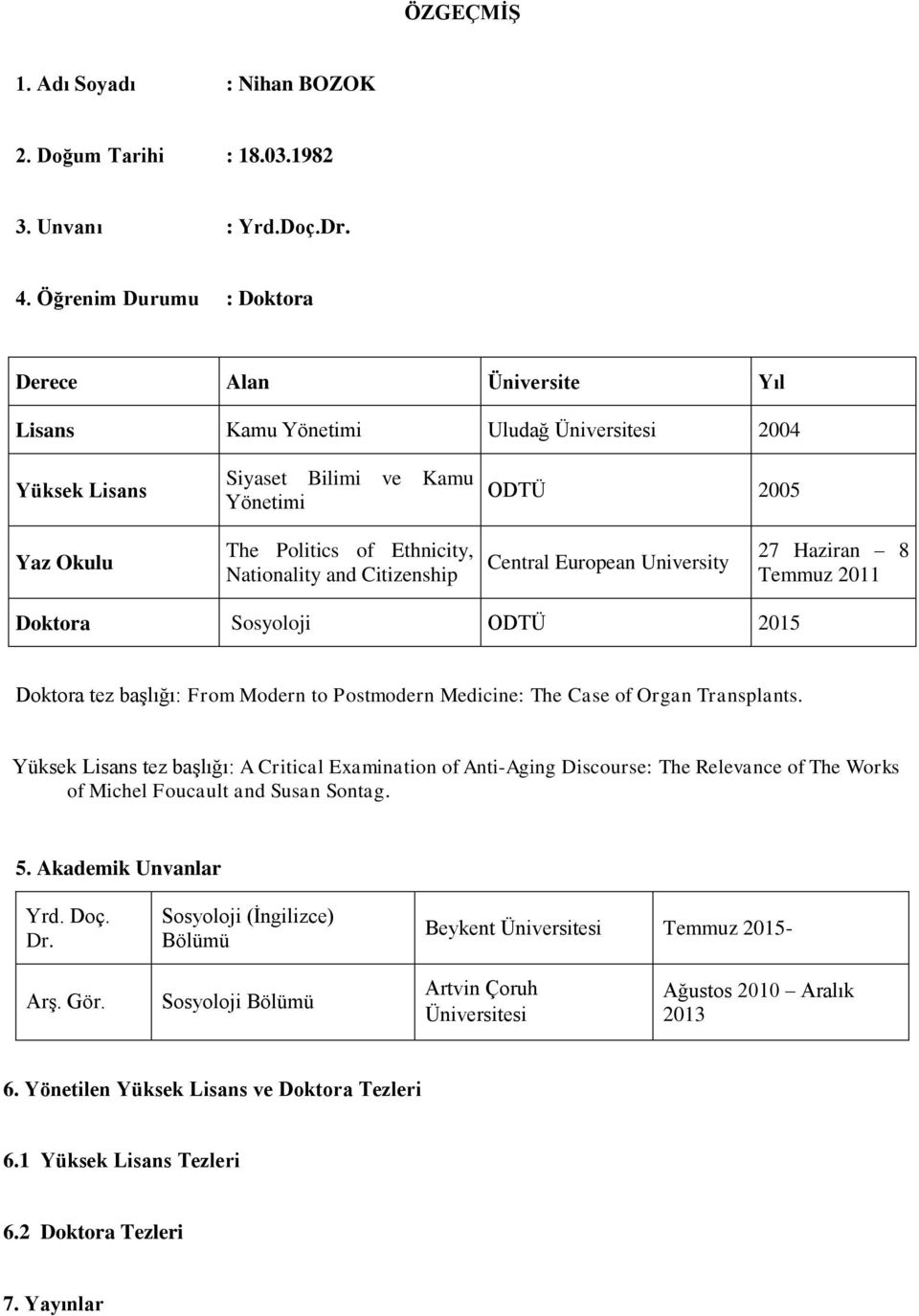 Nationality and Citizenship Central European University 27 Haziran 8 Temmuz 2011 Doktora Sosyoloji ODTÜ 2015 Doktora tez başlığı: From Modern to Postmodern Medicine: The Case of Organ Transplants.