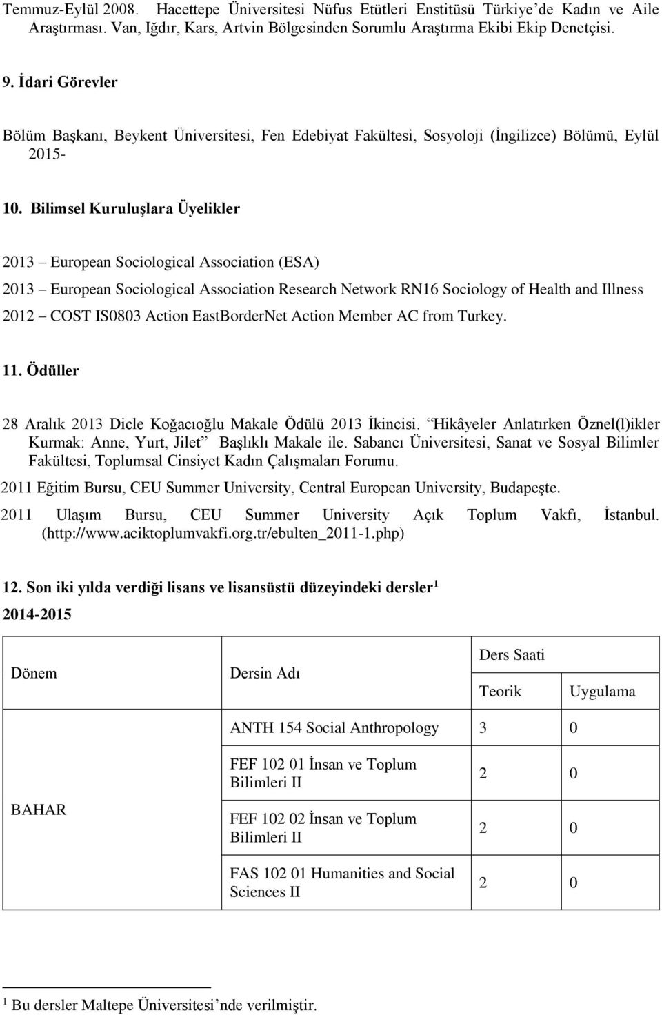 Bilimsel Kuruluşlara Üyelikler 2013 European Sociological Association (ESA) 2013 European Sociological Association Research Network RN16 Sociology of Health and Illness 2012 COST IS0803 Action