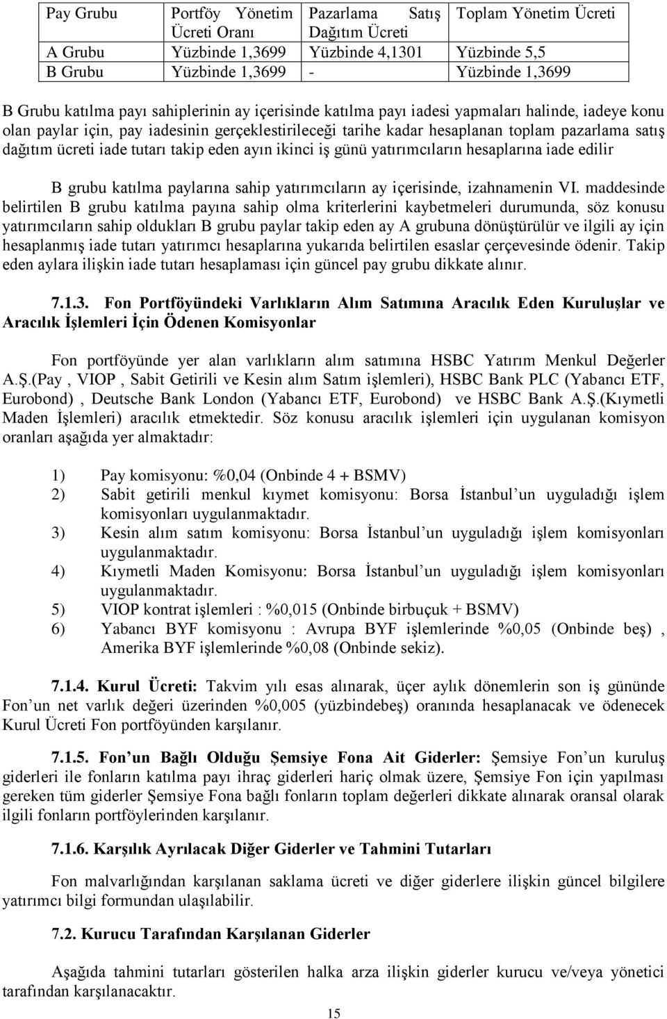 ücreti iade tutarı takip eden ayın ikinci iş günü yatırımcıların hesaplarına iade edilir B grubu katılma paylarına sahip yatırımcıların ay içerisinde, izahnamenin VI.