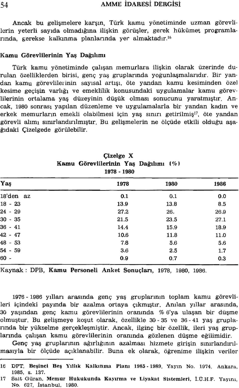 Bir yandan kamu görevlilerinin sayısal artışı, öte yandan kamu kesiminden özel kesime geçişin varlığı ve emeklilik konusundaki uygulamalar kamu görevlilerinin ortalama yaş düzeyinin düşük olması