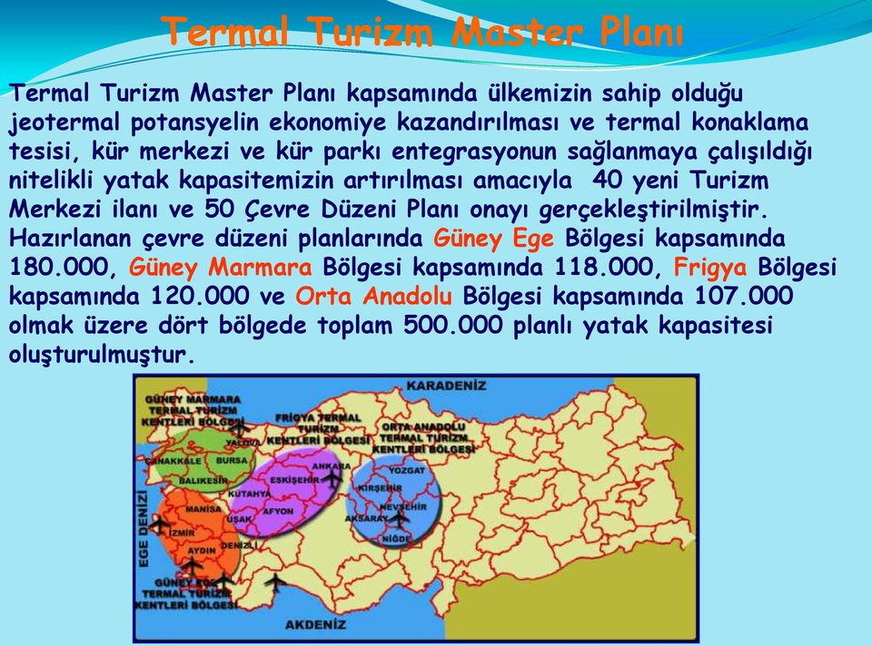 Çevre Düzeni Planı onayı gerçekleģtirilmiģtir. Hazırlanan çevre düzeni planlarında Güney Ege Bölgesi kapsamında 180.000, Güney Marmara Bölgesi kapsamında 118.