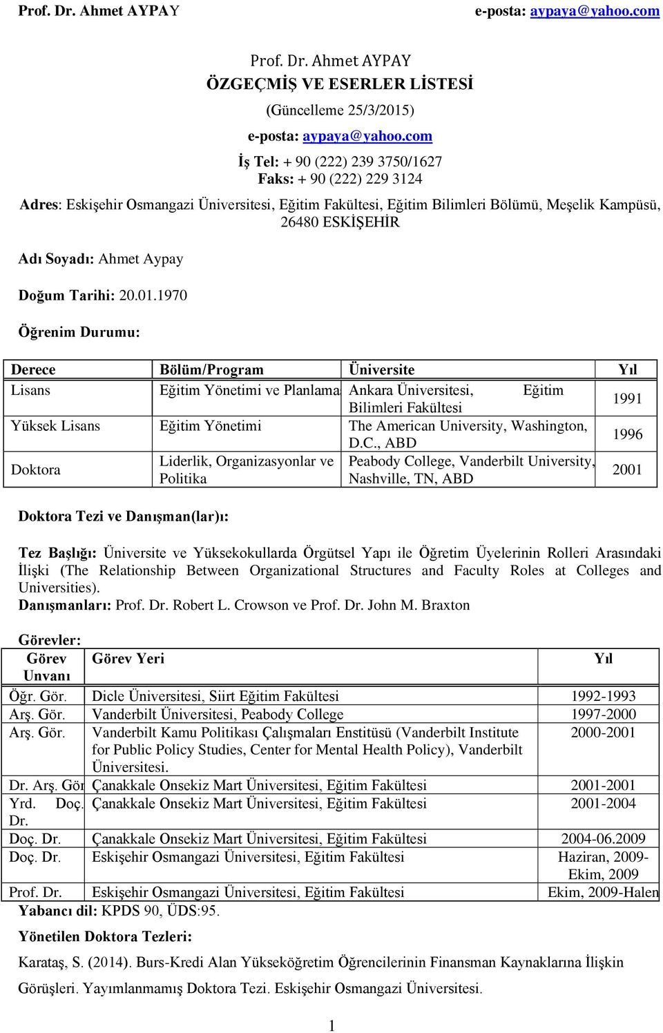 Bölümü, Meşelik Kampüsü, 26480 ESKİŞEHİR Adı Soyadı: Ahmet Aypay Doğum Tarihi: 20.01.