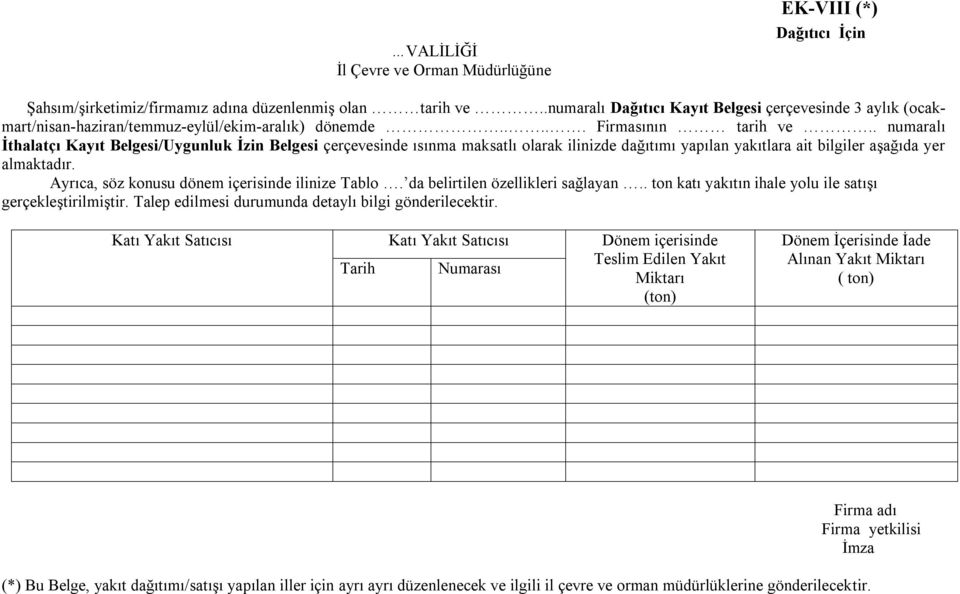 . numaralı İthalatçı Kayıt Belgesi/Uygunluk İzin Belgesi çerçevesinde ısınma maksatlı olarak ilinizde dağıtımı yapılan yakıtlara ait bilgiler aşağıda yer almaktadır.