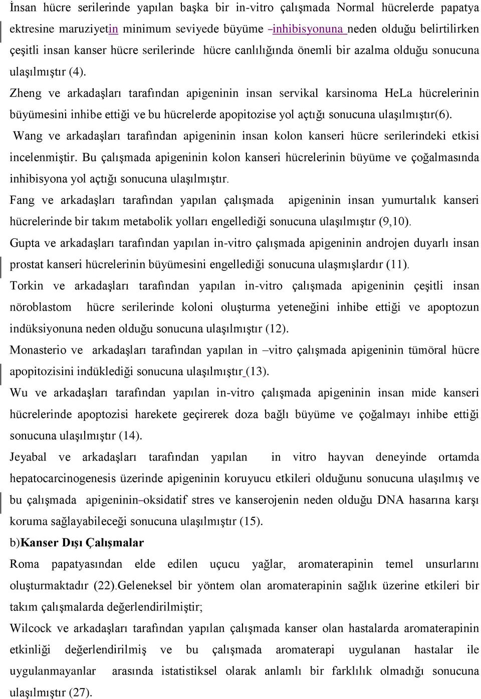 Zheng ve arkadaşları tarafından apigeninin insan servikal karsinoma HeLa hücrelerinin büyümesini inhibe ettiği ve bu hücrelerde apopitozise yol açtığı sonucuna ulaşılmıştır(6).