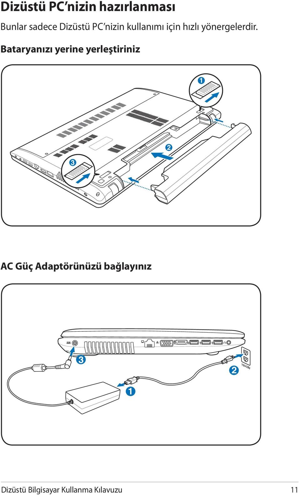 Bataryanızı yerine yerleştiriniz 1 3 2 AC Güç