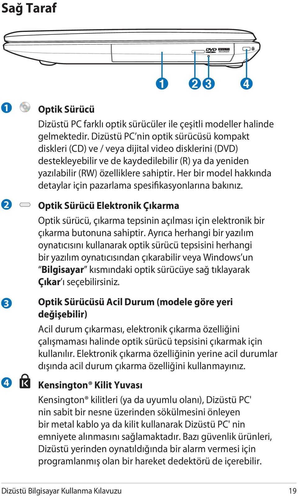 Her bir model hakkında detaylar için pazarlama spesifikasyonlarına bakınız. Optik Sürücü Elektronik Çıkarma Optik sürücü, çıkarma tepsinin açılması için elektronik bir çıkarma butonuna sahiptir.