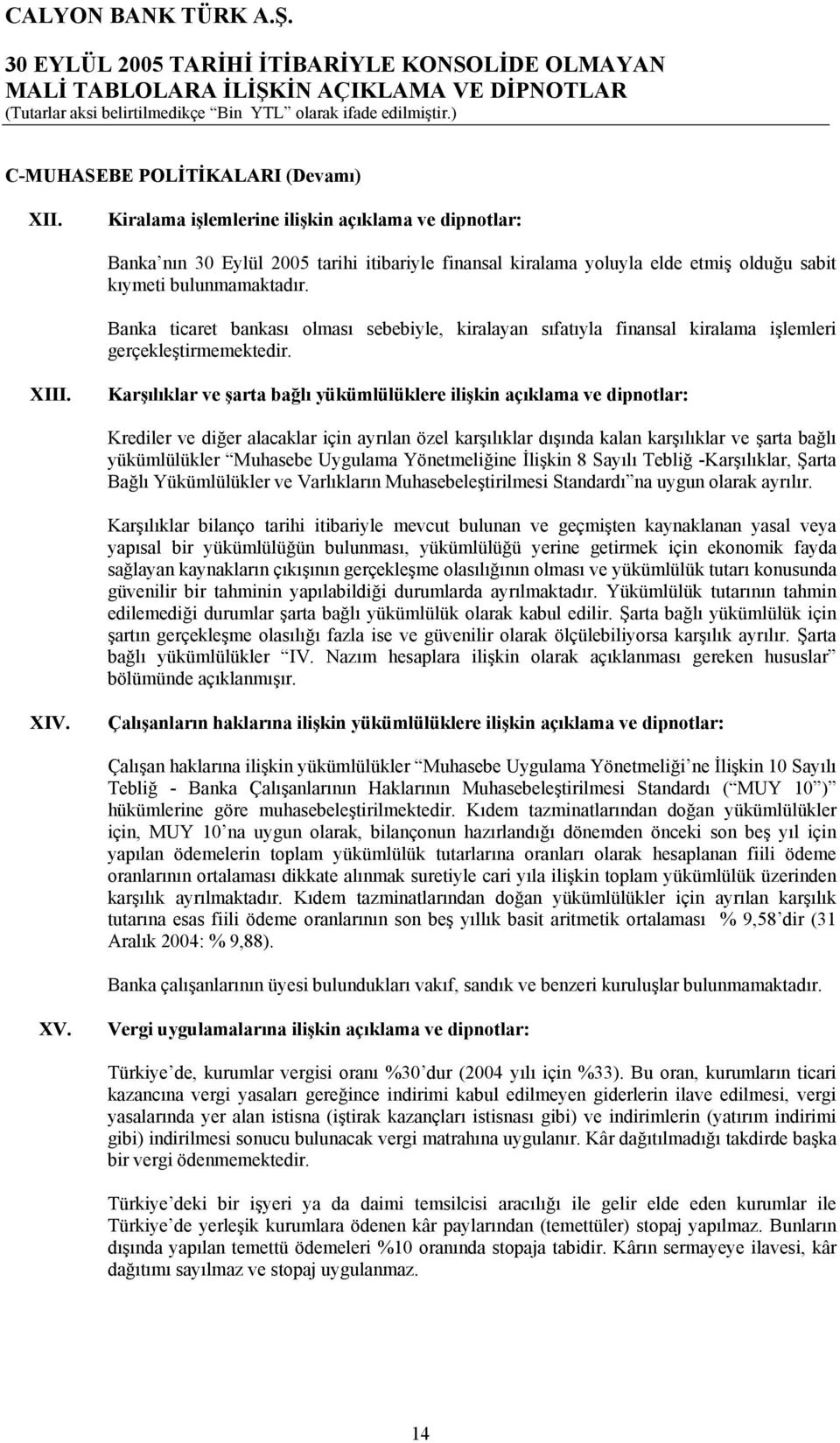 Banka ticaret bankası olması sebebiyle, kiralayan sıfatıyla finansal kiralama işlemleri gerçekleştirmemektedir. XIII.