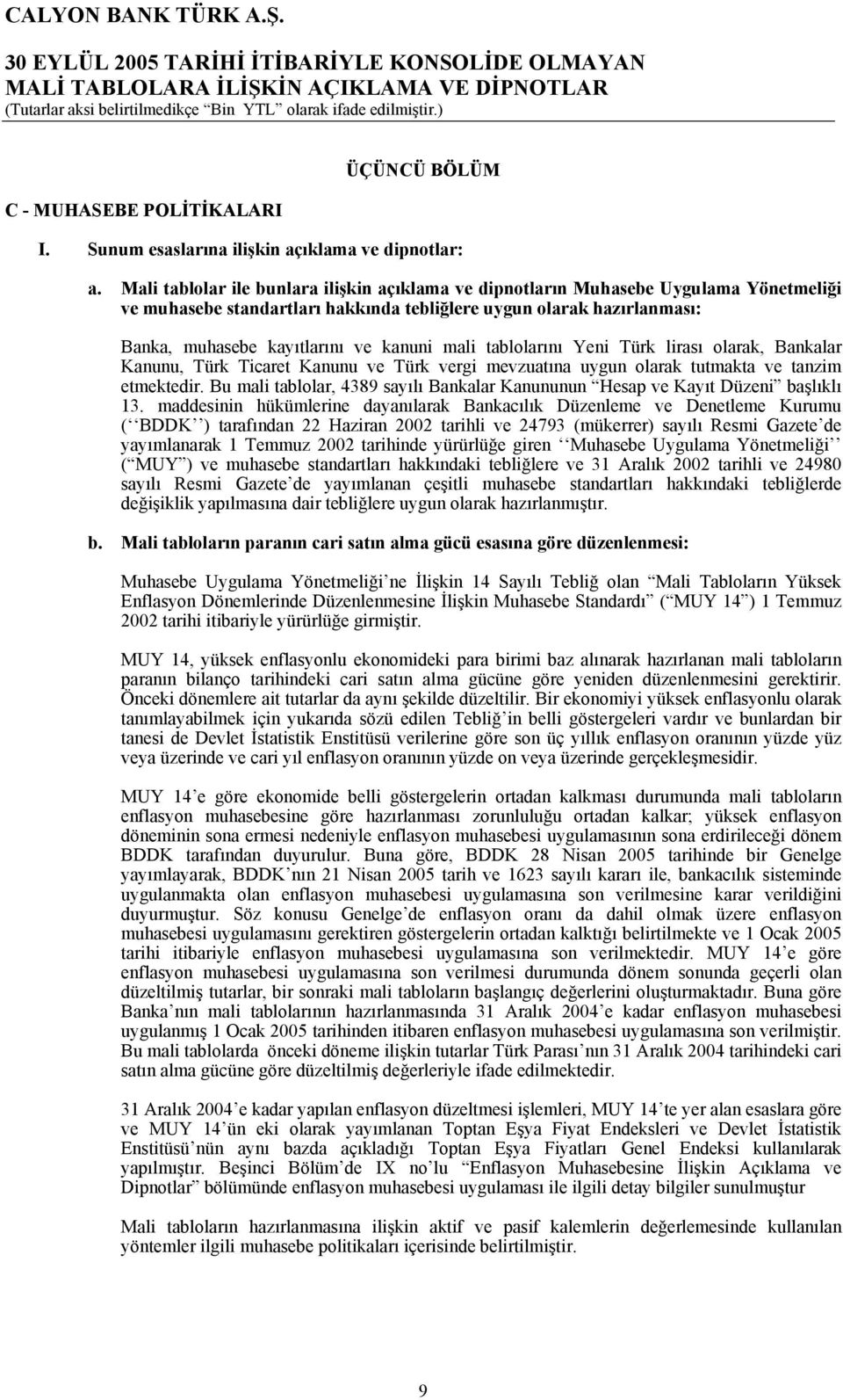 mali tablolarını Yeni Türk lirası olarak, Bankalar Kanunu, Türk Ticaret Kanunu ve Türk vergi mevzuatına uygun olarak tutmakta ve tanzim etmektedir.