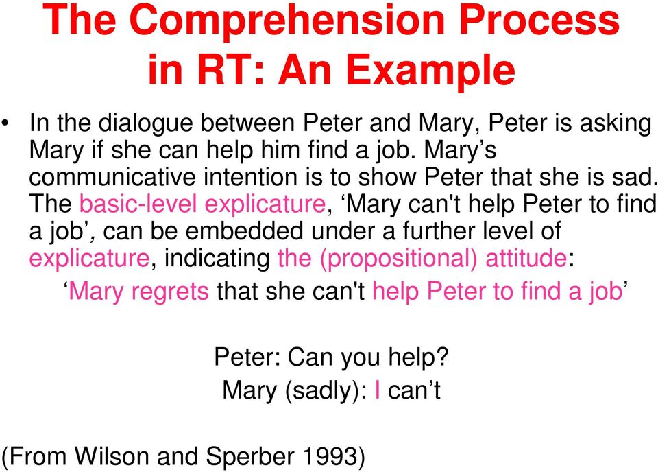 The basic-level explicature, Mary can't help Peter to find a job, can be embedded under a further level of explicature,