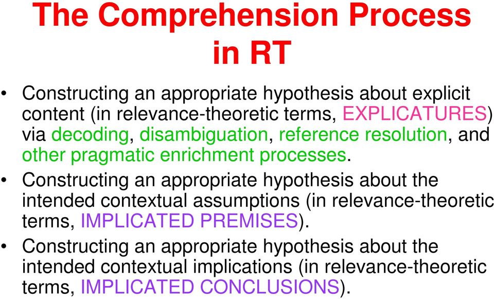 Constructing an appropriate hypothesis about the intended contextual assumptions (in relevance-theoretic terms, IMPLICATED