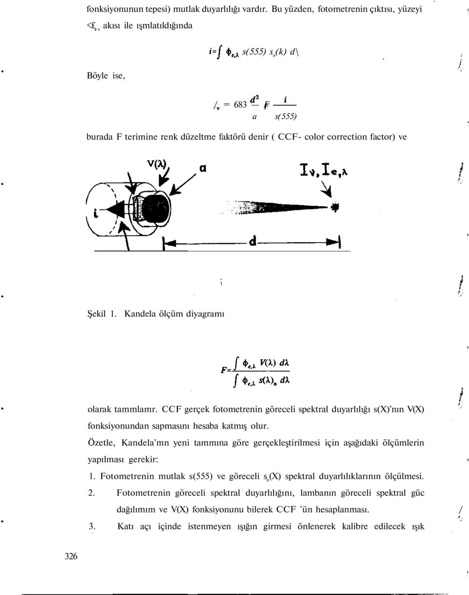 factor) ve Şekil 1. Kandela ölçüm diyagramı olarak tammlamr. CCF gerçek fotometrenin göreceli spektral duyarlılığı s(x)'nın V(X) fonksiyonundan sapmasını hesaba katmış olur.