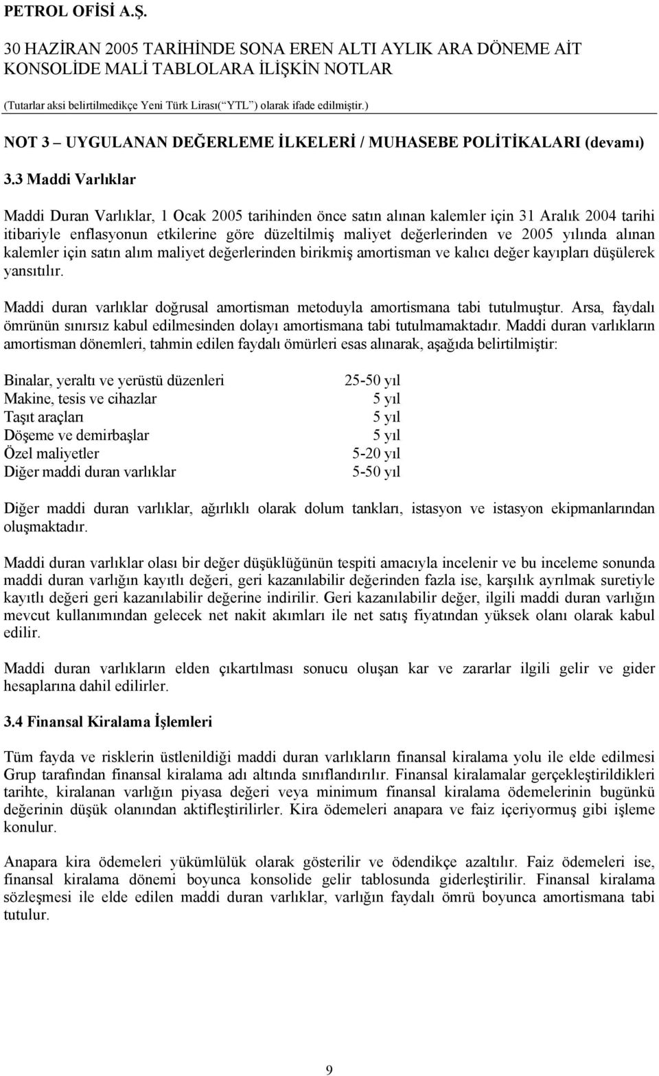 yılında alınan kalemler için satın alım maliyet değerlerinden birikmiş amortisman ve kalıcı değer kayıpları düşülerek yansıtılır.