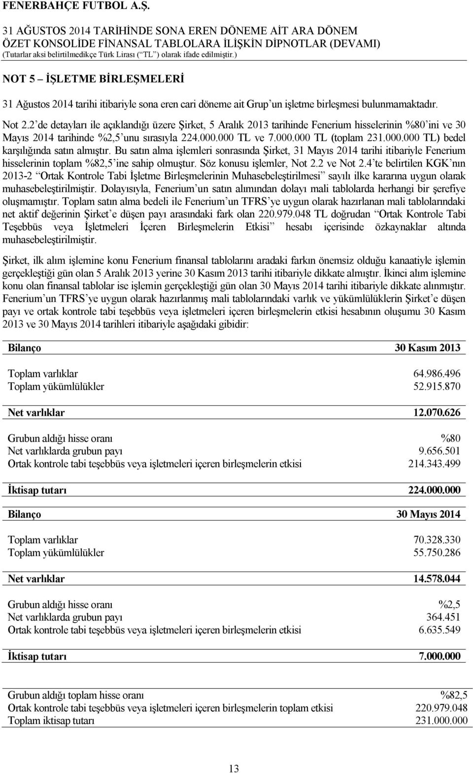 Bu satın alma işlemleri sonrasında Şirket, 31 Mayıs 2014 tarihi itibariyle Fenerium hisselerinin toplam %82,5 ine sahip olmuştur. Söz konusu işlemler, Not 2.2 ve Not 2.