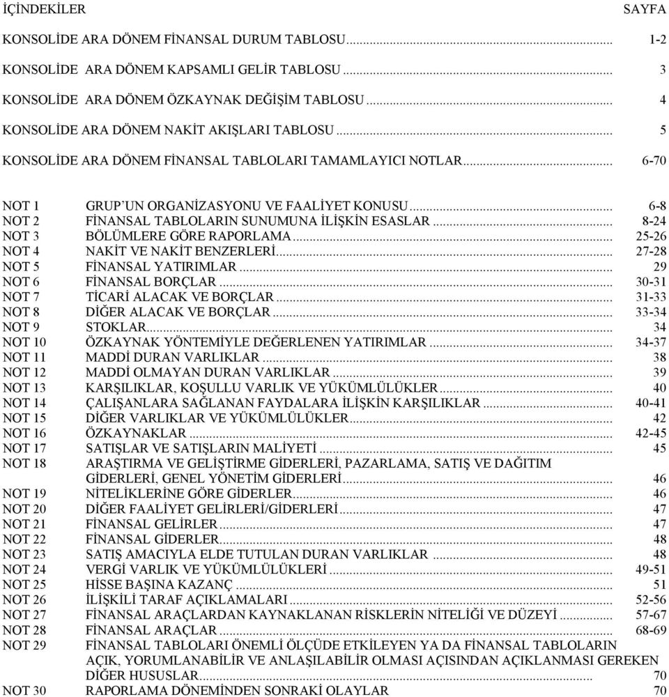 .. 8-24 NOT 3 BÖLÜMLERE GÖRE RAPORLAMA... 25-26 NOT 4 NAKİT VE NAKİT BENZERLERİ... 27-28 NOT 5 FİNANSAL YATIRIMLAR... 29 NOT 6 FİNANSAL BORÇLAR... 30-31 NOT 7 TİCARİ ALACAK VE BORÇLAR.