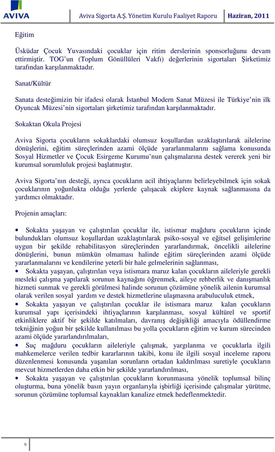 Sanat/Kültür Sanata desteğimizin bir ifadesi olarak İstanbul Modern Sanat Müzesi ile Türkiye nin ilk Oyuncak Müzesi nin in sigortaları şirketimiz tarafından karşılanmaktadır.