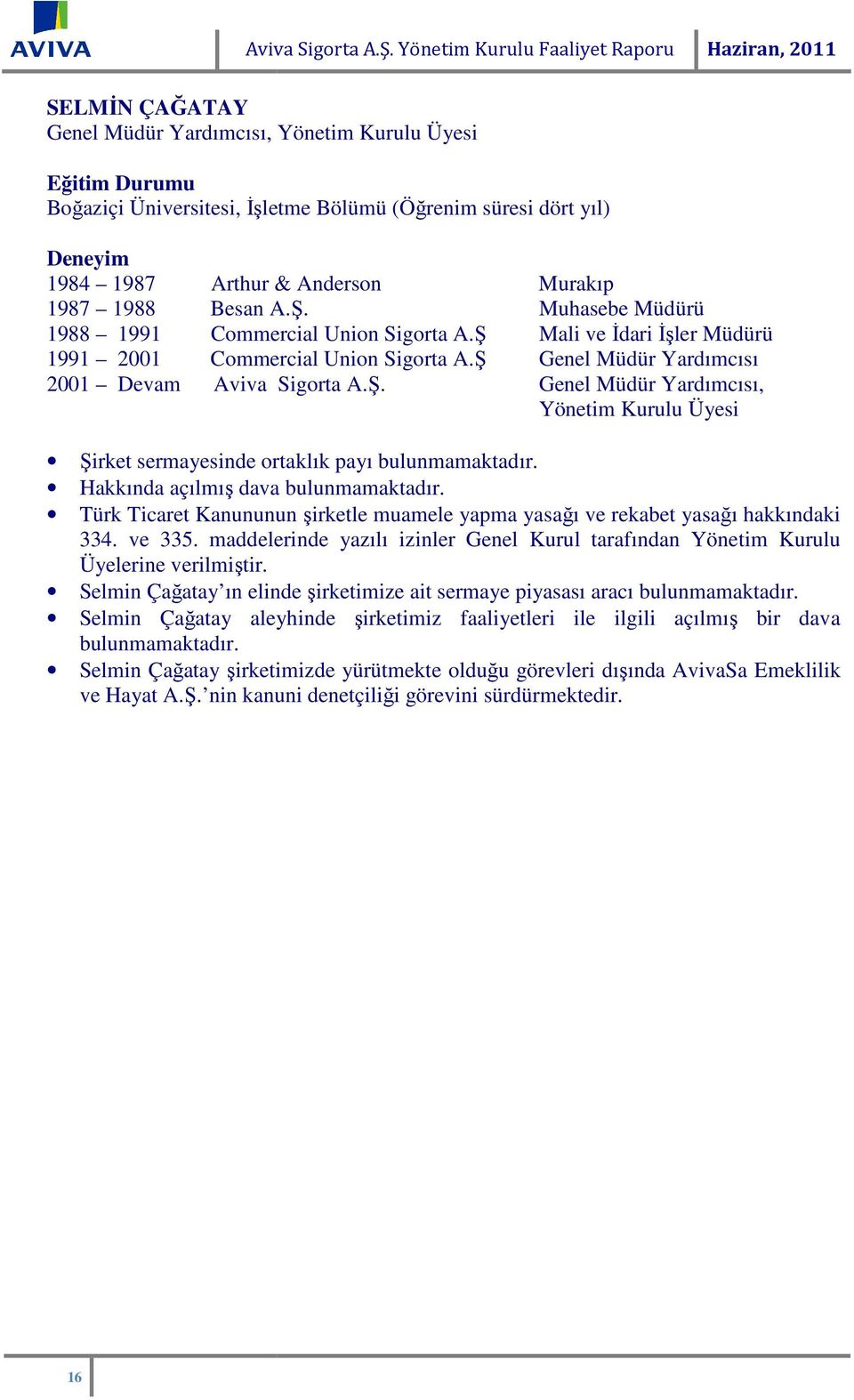 1987 Arthur & Anderson Murakıp 1987 1988 Besan A.Ş. Muhasebe Müdürü 1988 1991 Commercial Union Sigorta A.Ş Mali ve İdari İşler Müdürü 1991 2001 Commercial Union Sigorta A.