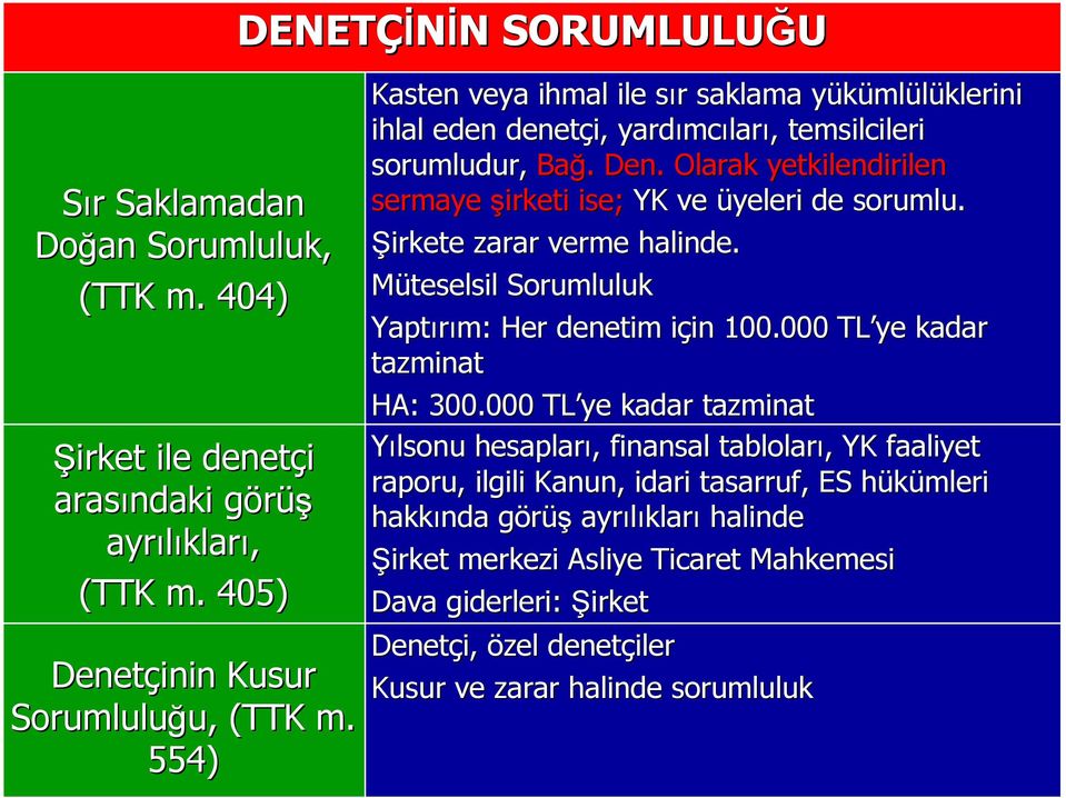 Olarak yetkilendirilen sermaye şirketi ise; YK ve üyeleri de sorumlu. Şirkete zarar verme halinde. Müteselsil Sorumluluk Yaptırım: Her denetim için i in 100.000 TL ye kadar tazminat HA: 300.