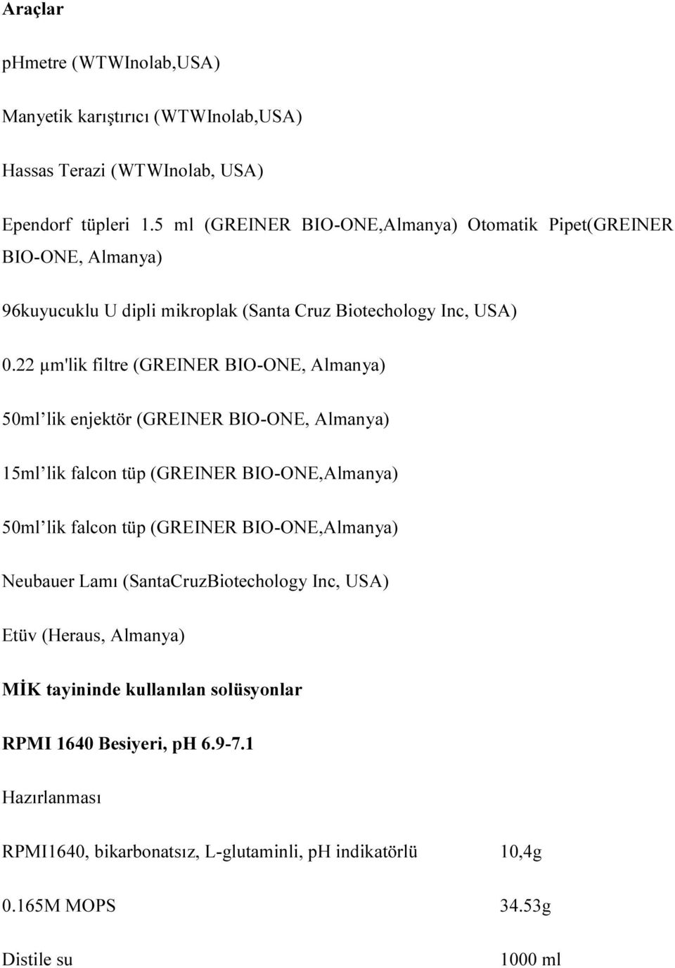 22 µm'lik filtre (GREINER BIO-ONE, Almanya) 50ml lik enjektör (GREINER BIO-ONE, Almanya) 15ml lik falcon tüp (GREINER BIO-ONE,Almanya) 50ml lik falcon tüp (GREINER